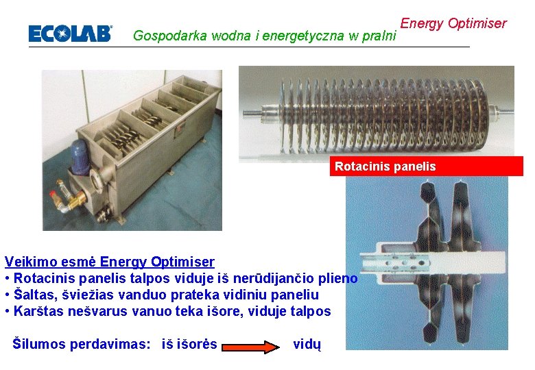 Gospodarka wodna i energetyczna w pralni Energy Optimiser Rotacinis panelis Veikimo esmė Energy Optimiser
