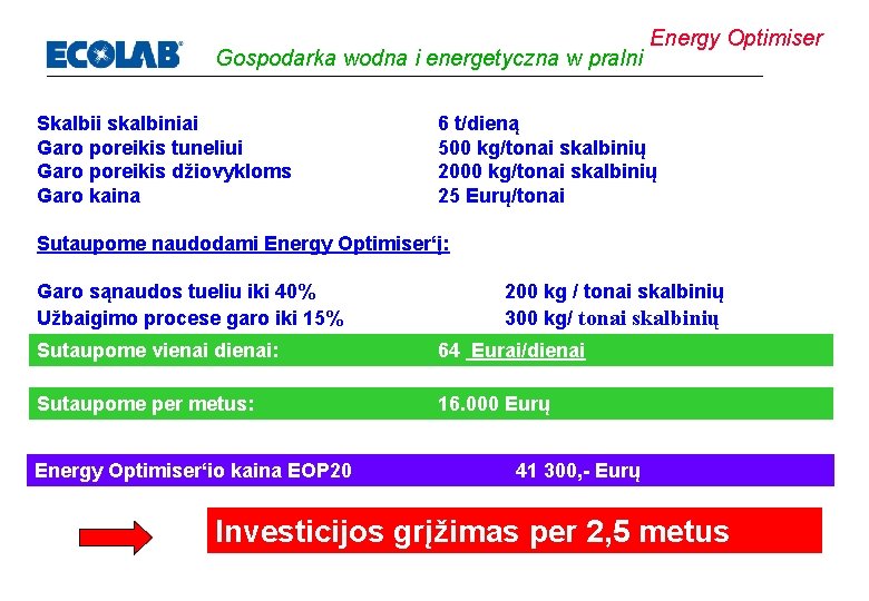 Gospodarka wodna i energetyczna w pralni Skalbii skalbiniai Garo poreikis tuneliui Garo poreikis džiovykloms