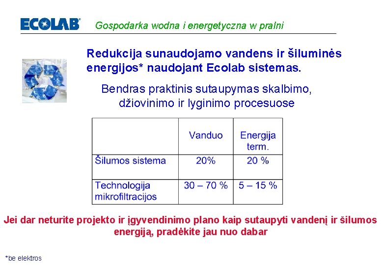 Gospodarka wodna i energetyczna w pralni Redukcija sunaudojamo vandens ir šiluminės energijos* naudojant Ecolab