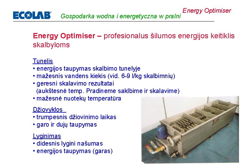 Gospodarka wodna i energetyczna w pralni Energy Optimiser – profesionalus šilumos energijos keitiklis skalbyloms