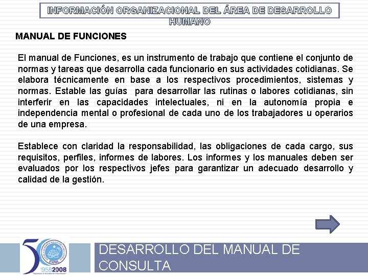 INFORMACIÓN ORGANIZACIONAL DEL ÁREA DE DESARROLLO HUMANO MANUAL DE FUNCIONES El manual de Funciones,
