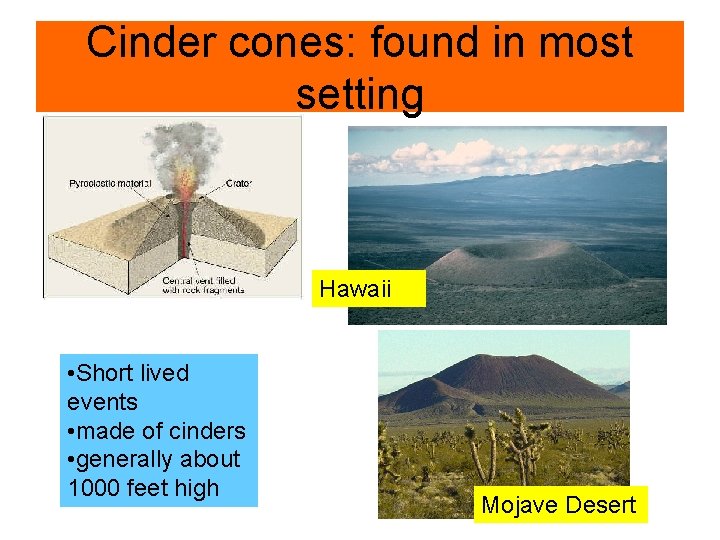 Cinder cones: found in most setting Hawaii • Short lived events • made of Cinder cones: found in most setting Hawaii • Short lived events • made of