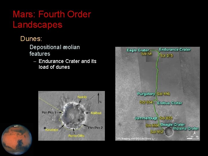 Mars: Fourth Order Landscapes • Dunes: – Depositional æolian features – Endurance Crater and