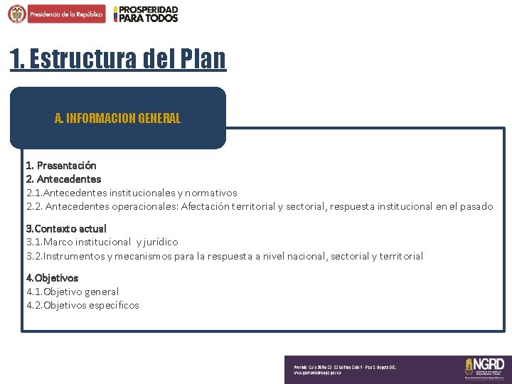 1. Estructura del Plan A. INFORMACION GENERAL 1. Presentación 2. Antecedentes 2. 1. Antecedentes 1. Estructura del Plan A. INFORMACION GENERAL 1. Presentación 2. Antecedentes 2. 1. Antecedentes