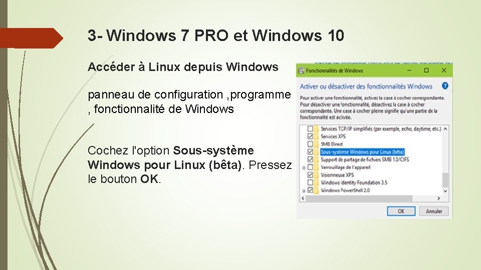 3 - Windows 7 PRO et Windows 10 Accéder à Linux depuis Windows panneau