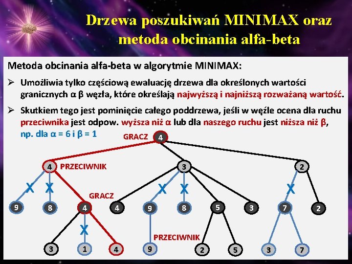 Drzewa poszukiwań MINIMAX oraz metoda obcinania alfa-beta Metoda obcinania alfa-beta w algorytmie MINIMAX: Ø