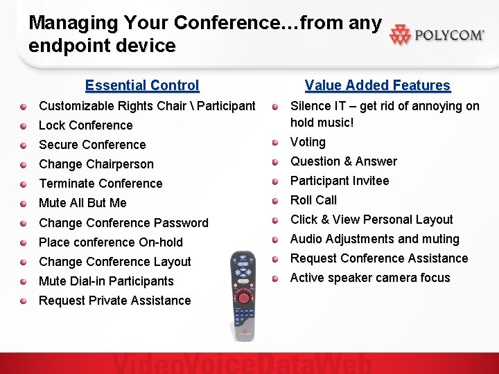 Managing Your Conference…from any endpoint device Essential Control Customizable Rights Chair  Participant Value