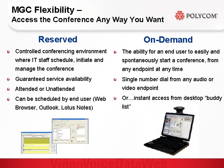 MGC Flexibility – Access the Conference Any Way You Want Reserved On-Demand Controlled conferencing