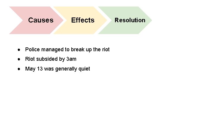 Causes Effects ● Police managed to break up the riot ● Riot subsided by