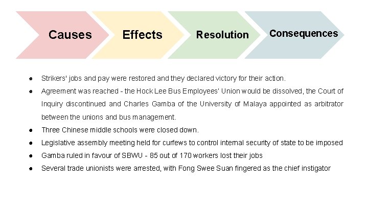 Causes Effects Resolution Consequences ● Strikers' jobs and pay were restored and they declared