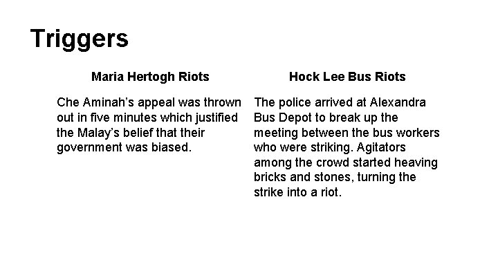 Triggers Maria Hertogh Riots Hock Lee Bus Riots Che Aminah’s appeal was thrown out