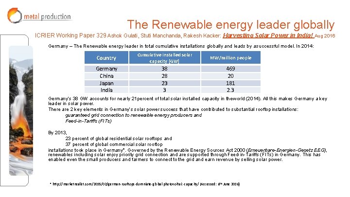 The Renewable energy leader globally ICRIER Working Paper 329 Ashok Gulati, Stuti Manchanda, Rakesh The Renewable energy leader globally ICRIER Working Paper 329 Ashok Gulati, Stuti Manchanda, Rakesh