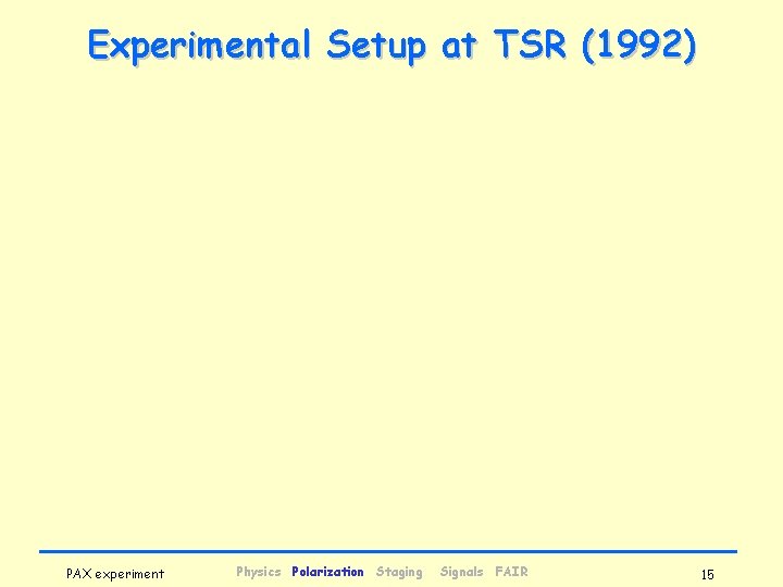 Experimental Setup at TSR (1992) PAX experiment Physics Polarization Staging Signals FAIR 15 