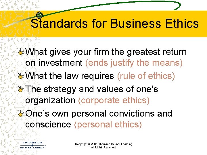 Standards for Business Ethics What gives your firm the greatest return on investment (ends Standards for Business Ethics What gives your firm the greatest return on investment (ends