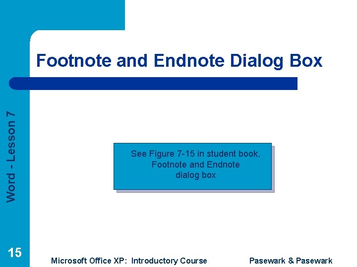 Word - Lesson 7 Footnote and Endnote Dialog Box 15 See Figure 7 -15