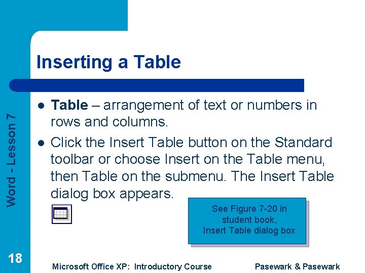 Inserting a Table Word - Lesson 7 l 18 l Table – arrangement of