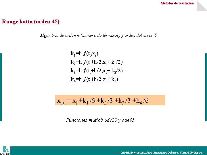 Métodos de resolución Runge kutta (orden 45) Algoritmo de orden 4 (número de términos)