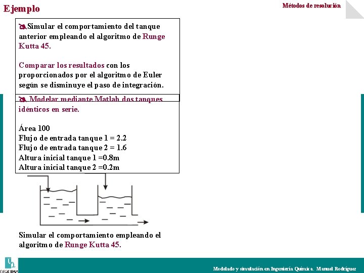 Ejemplo Métodos de resolución Simular el comportamiento del tanque anterior empleando el algoritmo de