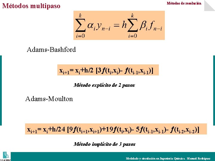 Métodos de resolución Métodos multipaso Adams-Bashford xi+1= xi+h/2 [3 (ti, xi)- (ti-1, xi-1)] Método