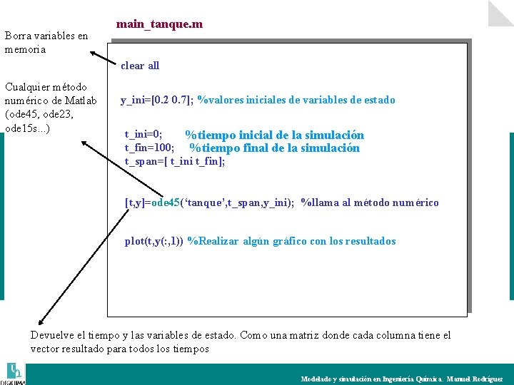 Borra variables en memoria main_tanque. m clear all Cualquier método numérico de Matlab (ode