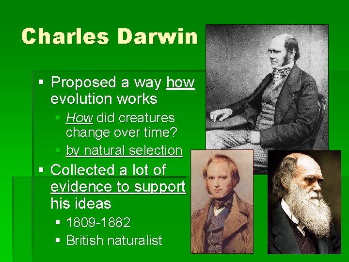 Charles Darwin § Proposed a way how evolution works § How did creatures change