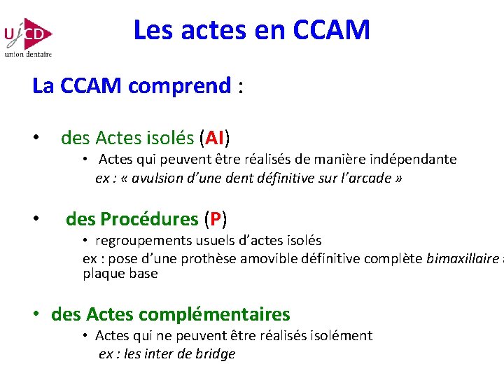 Les actes en CCAM La CCAM comprend : • des Actes isolés (AI) •