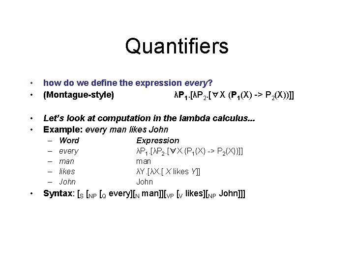 Quantifiers • • how do we define the expression every? (Montague-style) λP 1. [λP
