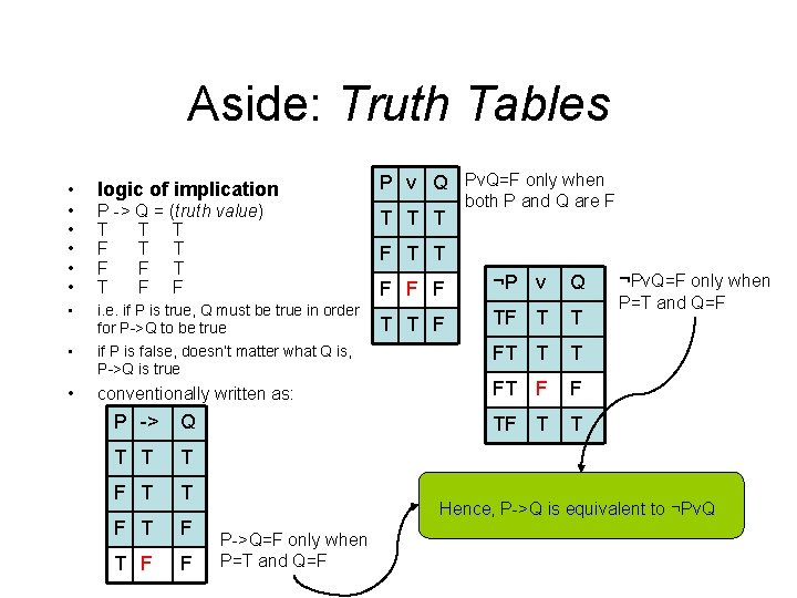 Aside: Truth Tables logic of implication P v Q Pv. Q=F only when •