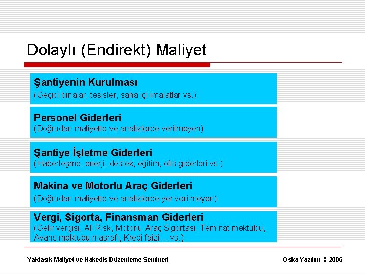 Dolaylı (Endirekt) Maliyet Şantiyenin Kurulması (Geçici binalar, tesisler, saha içi imalatlar vs. ) Personel