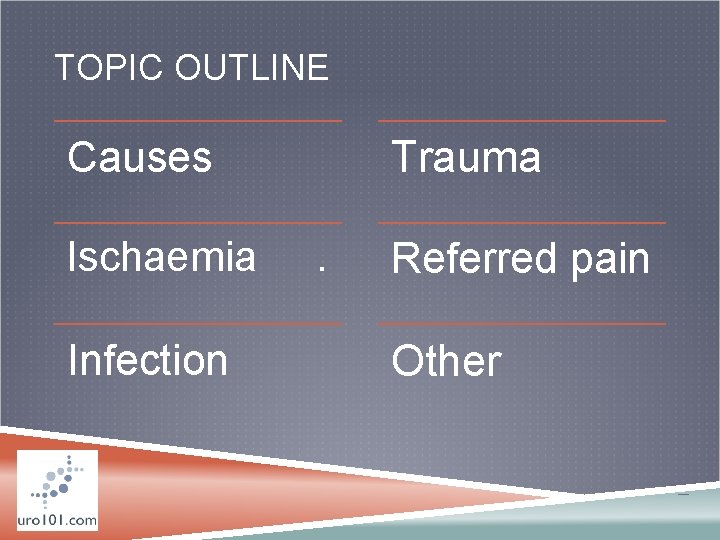 TOPIC OUTLINE Trauma Causes Ischaemia Infection . Referred pain Other 