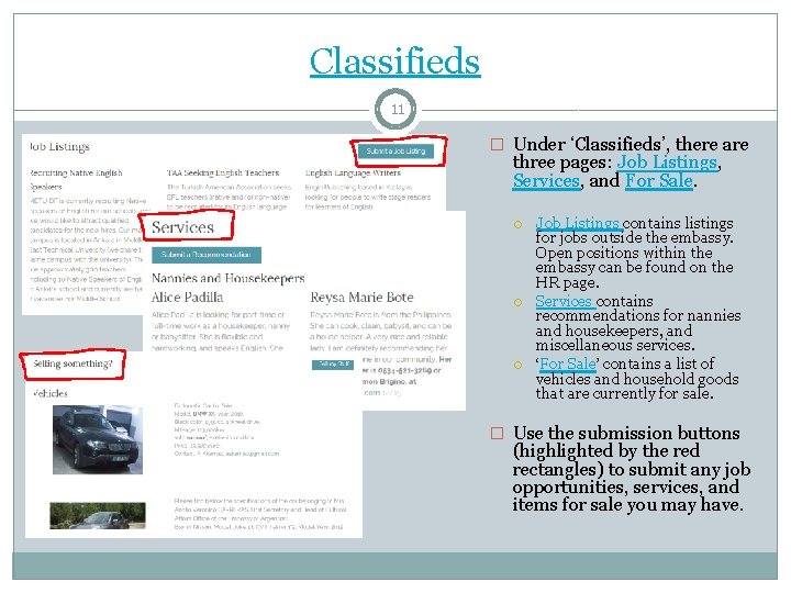 Classifieds 11 � Under ‘Classifieds’, there are three pages: Job Listings, Services, and For