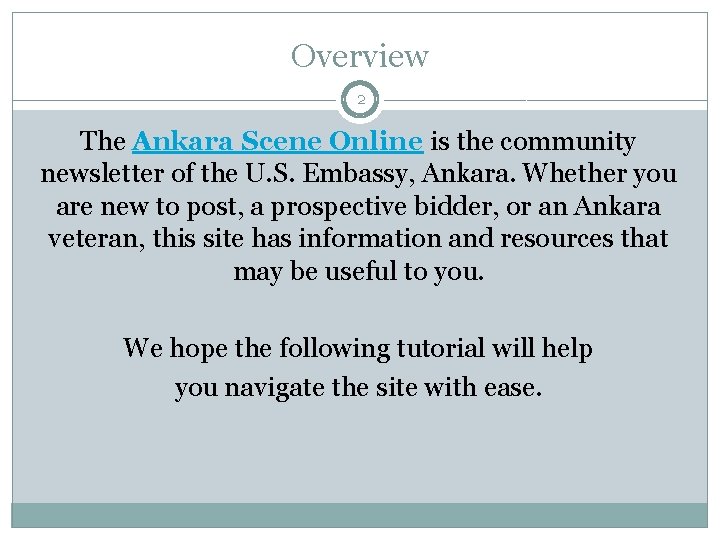 Overview 2 The Ankara Scene Online is the community newsletter of the U. S.