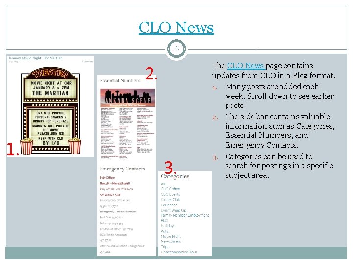 CLO News 6 2. 1. 3. The CLO News page contains updates from CLO