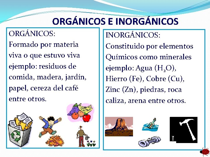 ORGÁNICOS E INORGÁNICOS: Formado por materia viva o que estuvo viva ejemplo: residuos de