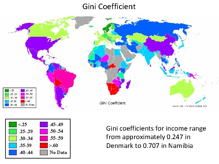 Gini Coefficient Gini coefficients for income range from approximately 0. 247 in Denmark to