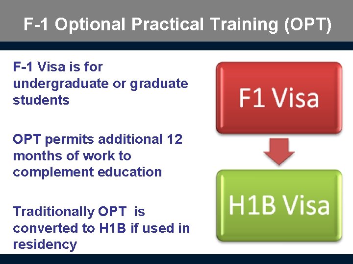 F-1 Optional Practical Training (OPT) F-1 Visa is for undergraduate or graduate students OPT