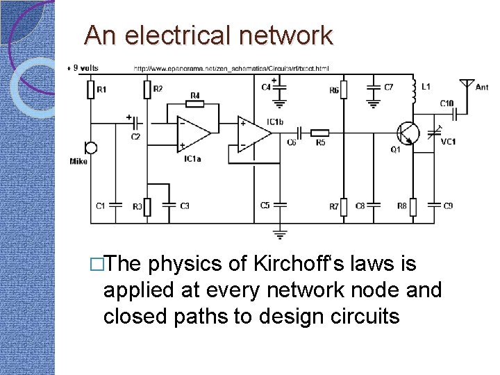 An electrical network �The physics of Kirchoff‘s laws is applied at every network node