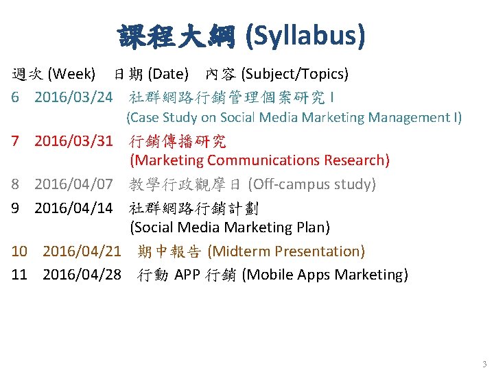 課程大綱 (Syllabus) 週次 (Week) 日期 (Date) 內容 (Subject/Topics) 6 2016/03/24 社群網路行銷管理個案研究 I (Case Study