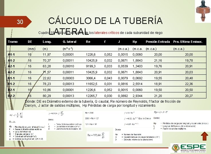 CÁLCULO DE LA TUBERÍA LATERAL 30 Cuadro 19. Cálculo hidráulico de los laterales críticos