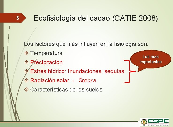 6 Ecofisiologia del cacao (CATIE 2008) Los factores que más influyen en la fisiología