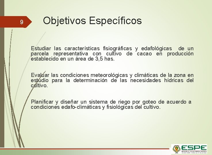 9 Objetivos Específicos Estudiar las características fisiográficas y edafológicas de un parcela representativa con