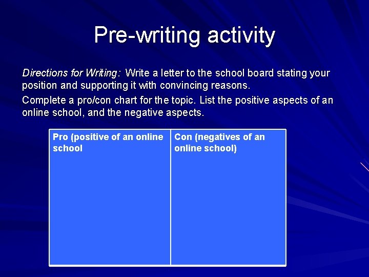 Pre-writing activity Directions for Writing: Write a letter to the school board stating your