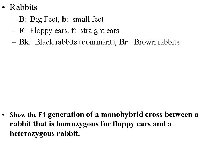  • Rabbits – B: Big Feet, b: small feet – F: Floppy ears,