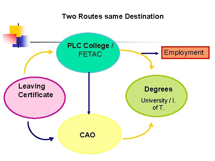 Two Routes same Destination PLC College / FETAC Leaving Certificate Employment Degrees University /