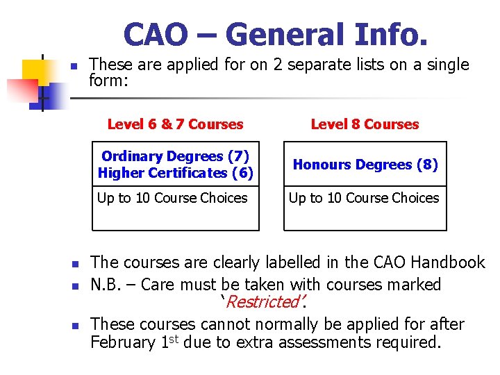 CAO – General Info. n n These are applied for on 2 separate lists