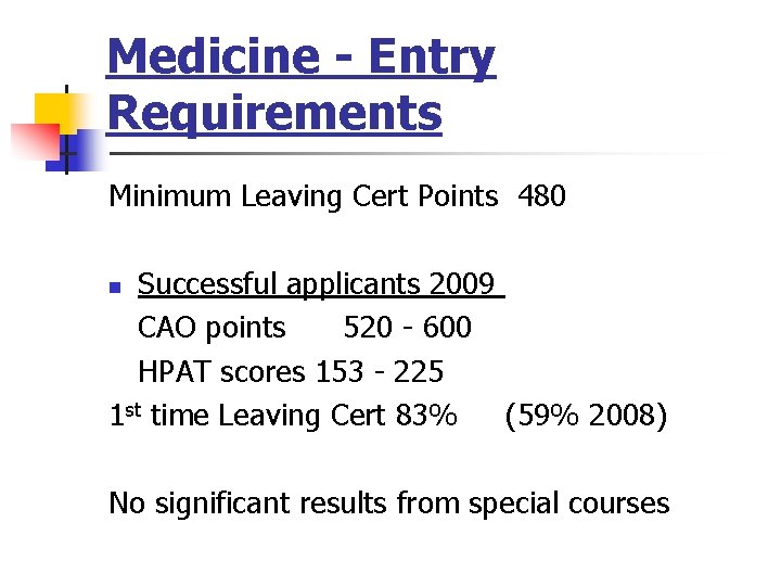 Medicine - Entry Requirements Minimum Leaving Cert Points 480 Successful applicants 2009 CAO points