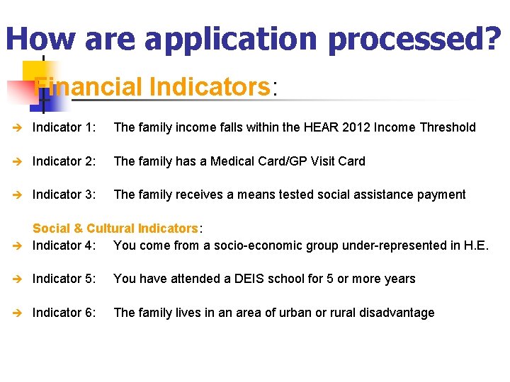 How are application processed? Financial Indicators: è Indicator 1: The family income falls within