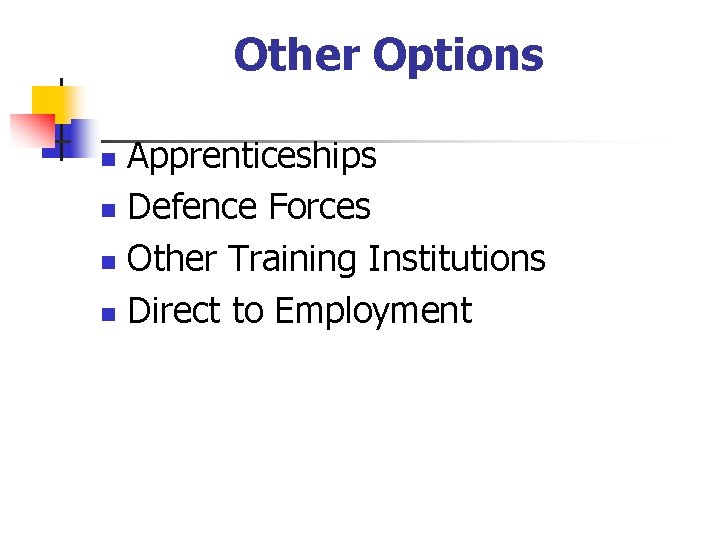 Other Options Apprenticeships n Defence Forces n Other Training Institutions n Direct to Employment