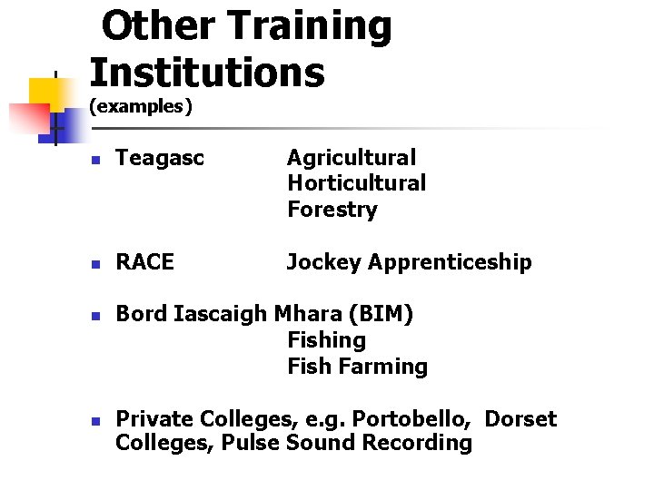  Other Training Institutions (examples) n Teagasc Agricultural Horticultural Forestry n RACE Jockey Apprenticeship