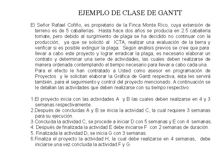 EJEMPLO DE CLASE DE GANTT El Señor Rafael Cofiño, es propietario de la Finca